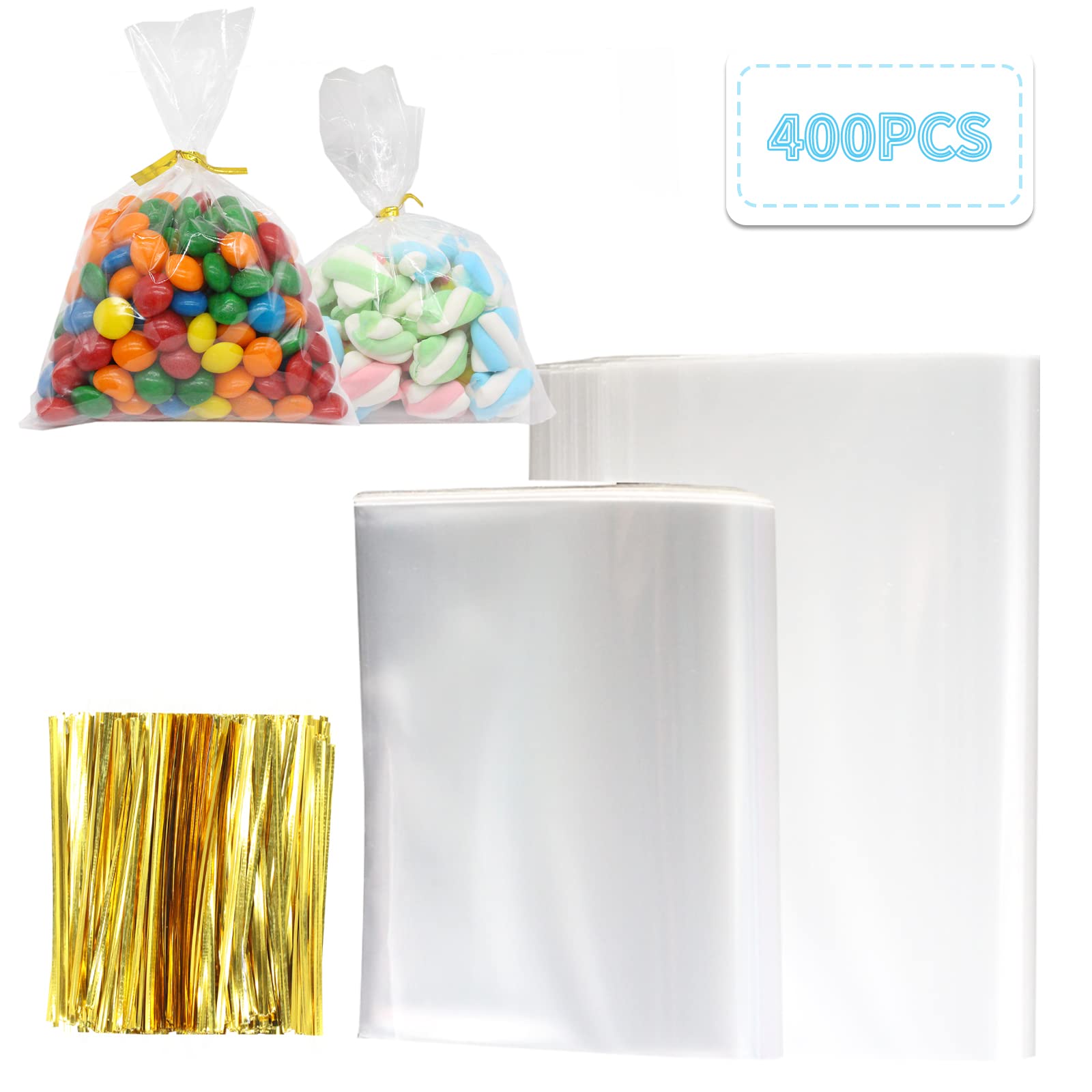 400PCS Clear Cellophane Treat Bags Gift Bags Cello Treat Bgas 2 Sizes 4×6,5×7 Inches with 400 Twist Ties for Gift Wrapping Chocolate Cookie Dessert Candy Chocolate Dessert Packaging