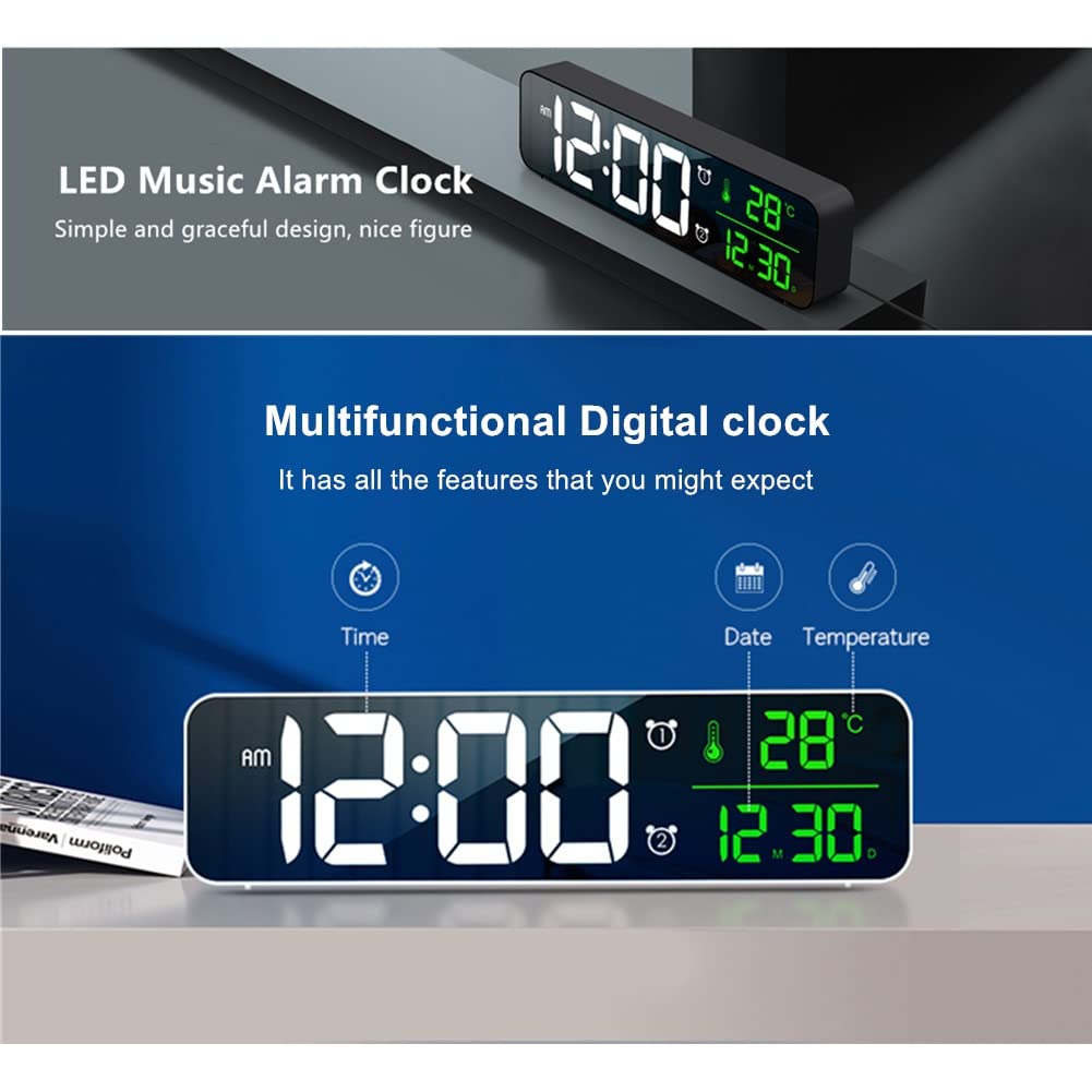 Digital Large Display Alarm Clock for Living Room Office Bedroom Decor LED Electronic Date Temp Display Wall Electric Clocks Automatic Brightness Dimmer Smart Cool Modern Desk Accessories Black