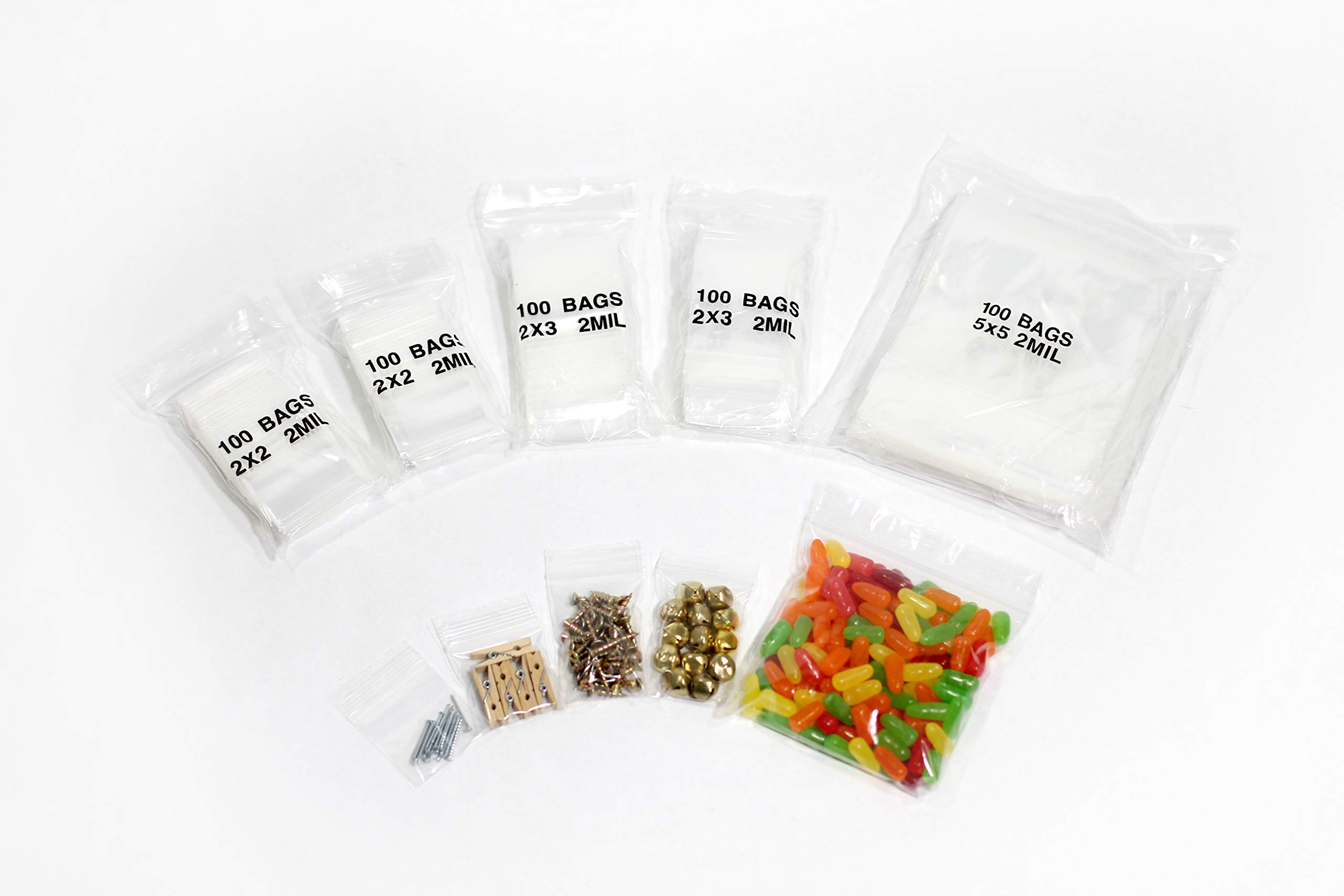 500 Pack 2 Mil Clear Plastic Reclosable Bags, 3 Assorted Sizes, 2x2 2x3 5x5 Inch Clear Durable Plastic Resealable Zipper Baggies for Jewelry, Beads, Pill,Snack, Storage, Shipping & Packaging