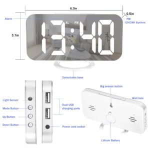 U-pick Digital Alarm Clock, 6.6" Large Mirrored LED Clock with Dual USB Charger Ports | Easy Snooze Function | 3 Adjustable Brightness Suitable for Bedroom Home Office (White)