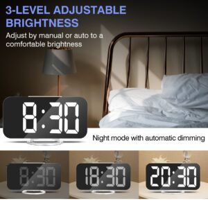 U-pick Digital Alarm Clock, 6.6" Large Mirrored LED Clock with Dual USB Charger Ports | Easy Snooze Function | 3 Adjustable Brightness Suitable for Bedroom Home Office (White)