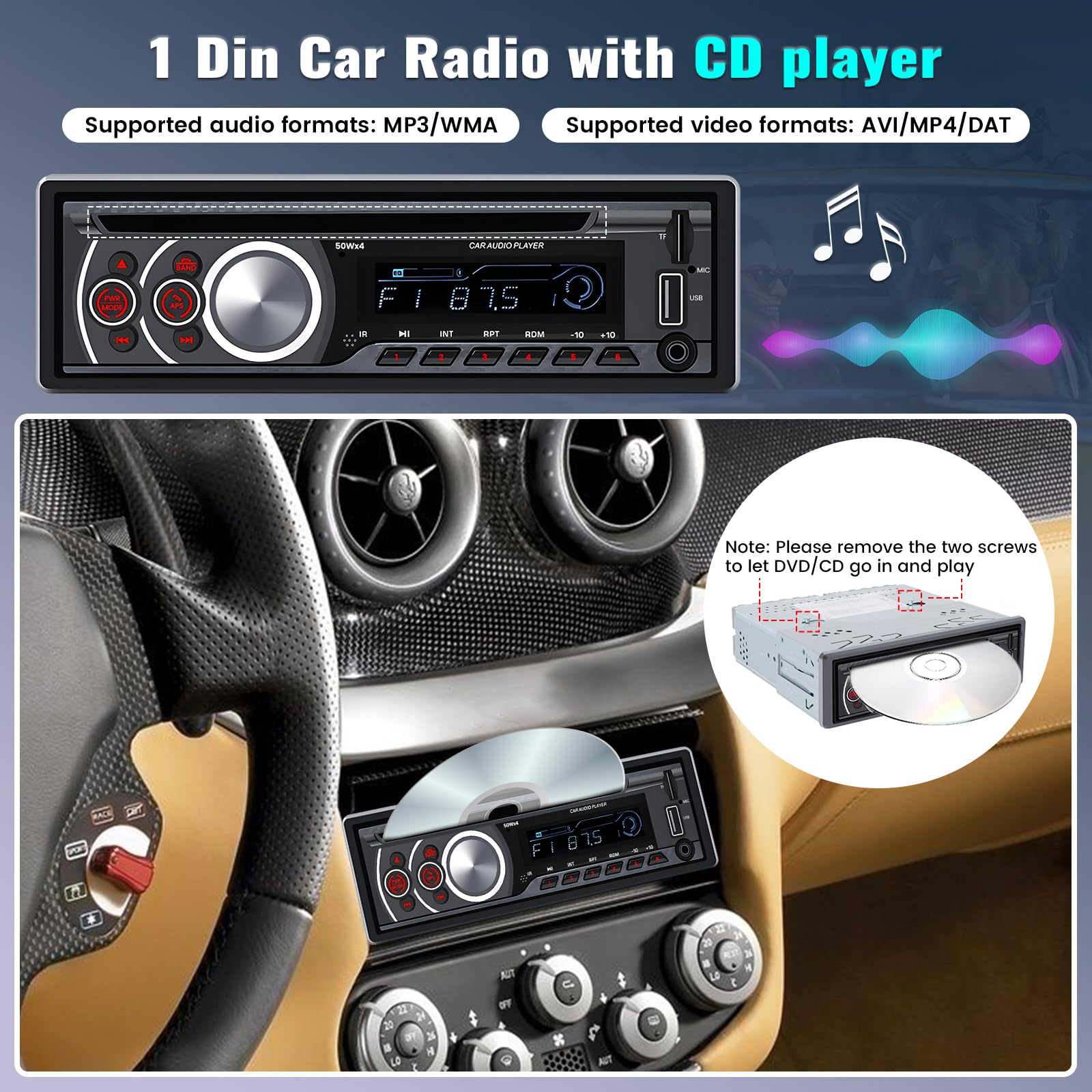 Single Din Car Stereo Bluetooth Car CD DVD Player HandsFree Calling Head Unit FM Radio Receiver USB Charging Power-Off Memory MP3 Car Player Support CD/DVD/VCD/AUX/RCA/TF Input + Remote Control