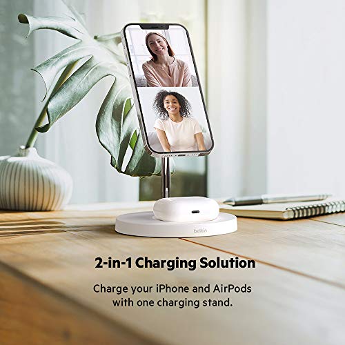 Belkin MagSafe 2-in-1 Wireless Charging Stand for Apple iPhone 15, iPhone 14, iPhone 13, & iPhone 12 Series & AirPods - MagSafe Fast Charging Station for Multiple Devices - White