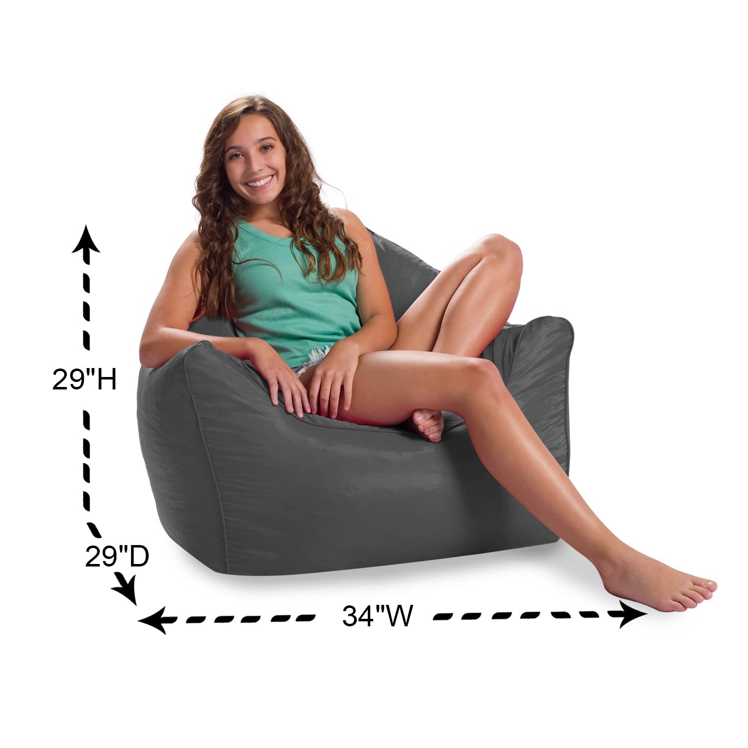 Posh Creations Structured Comfy Seat for Playrooms and Bedrooms, Large Bean Bag Chair, Malibu Lounge, Charcoal Gray