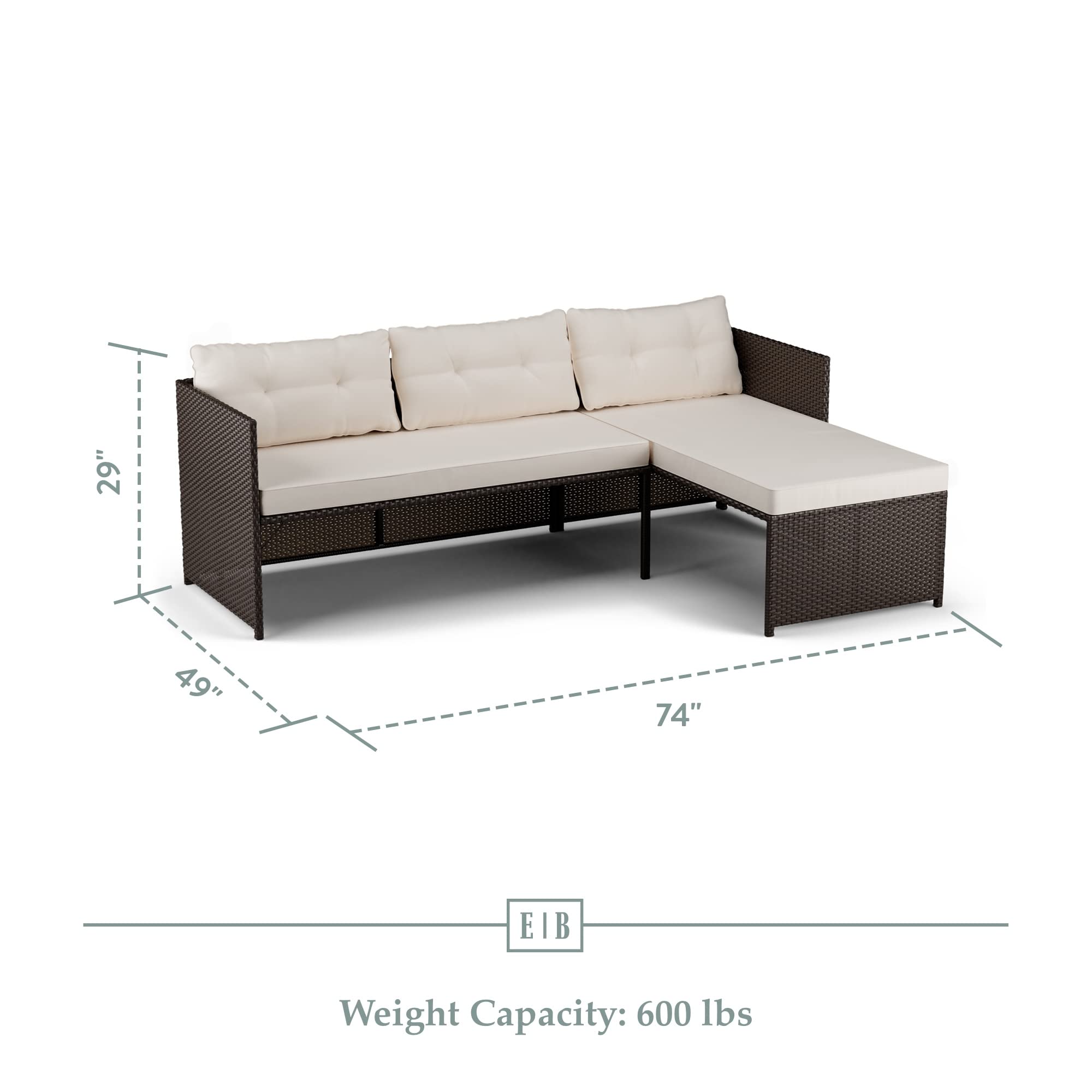 Edenbrook Bayview Rattan Patio Furniture - Mix and Match Outdoor Furniture, L-Shape Sofa Only, Brown Rattan/Cream