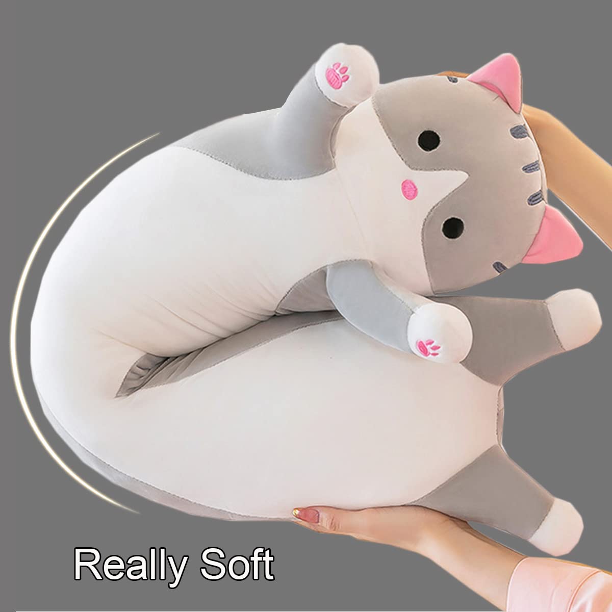 Giant Cat Pillow Plush Cartoon Kitty Sleeping Hugging Pillow, Cuddly Soft Long Kitten Body Pillow Doll Cat Cushion Toy for Kids Girlfriend (Gray, 130cm/51.18inch)