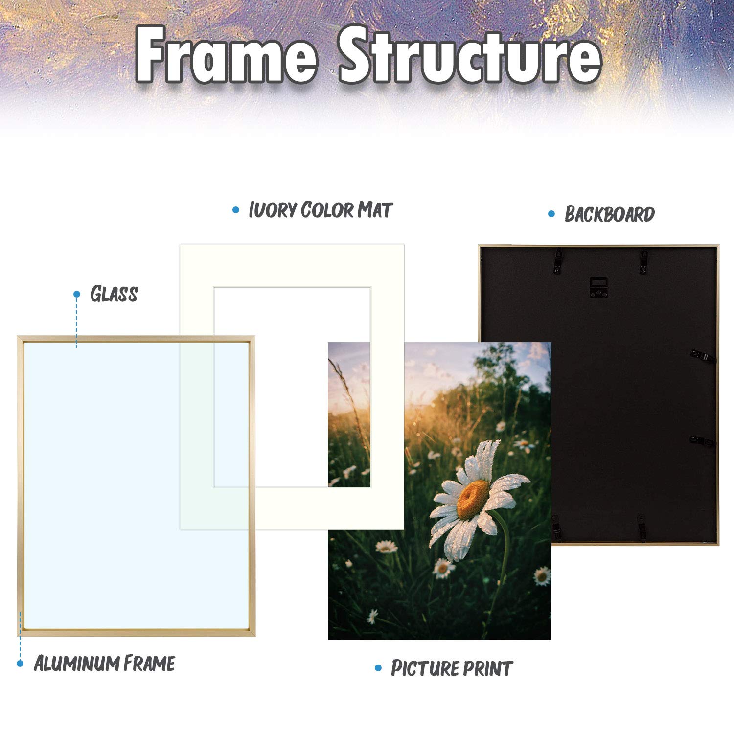 AUEAR, 11x14 Gold Frames - Aluminum - Real Glass - Made to Display Pictures 8x10 with Ivory Color Mat Horizontal and Vertical Formats for Wall (2 Pack)