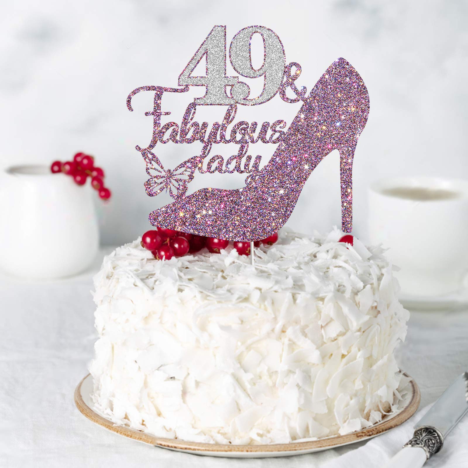 Dalaber 49 & Fabulous Cake Topper, Happy 49th Birthday Party Decoration Supplies Photo Booth Props, 49 & Fabulous Lady Cake Decor - Mix Purple Glitter