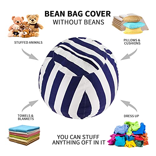 Miaowater 2 PCS Stuffed Animal Storage Bean Bag Chair Cover, Cotton Canvas Beanbag with Zipper for Organizing Kid's and Adults Room Vertical Stripe Blue 24"