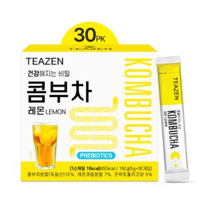 teazen lemon kombucha tea, live probiotics & postbiotics, relaxation and warmth for colds and sore throat, zero sugar, low caffeine, fermented kombucha powder from korea, 30 sticks, 5.29oz