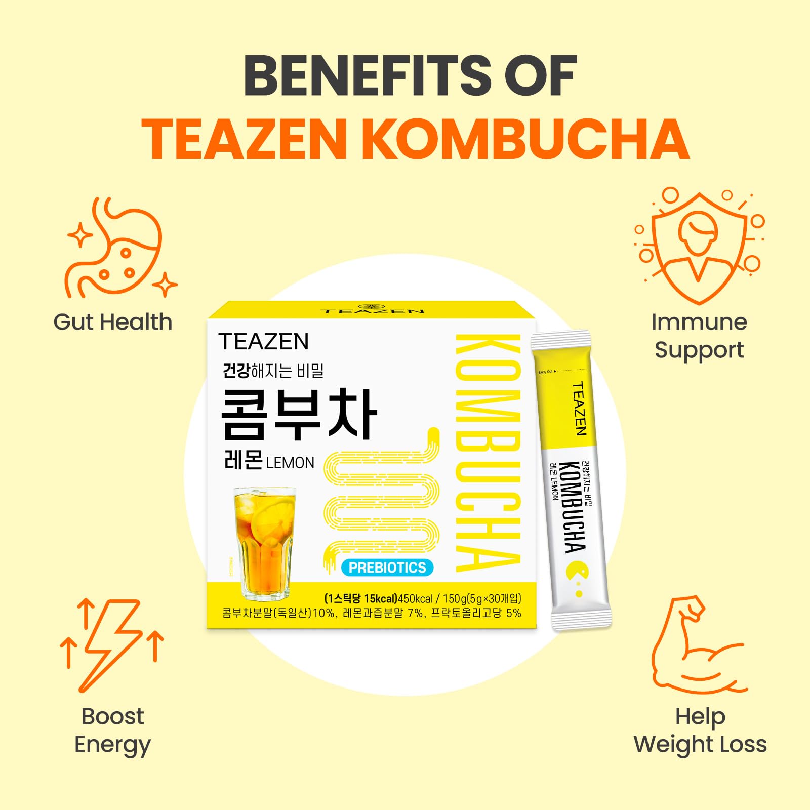 TEAZEN Lemon Kombucha Tea, Live Probiotics & Postbiotics, Relaxation and Warmth for Colds and Sore Throat, Zero Sugar, Low Caffeine, Fermented Kombucha Powder from Korea, 30 Sticks, 5.29oz