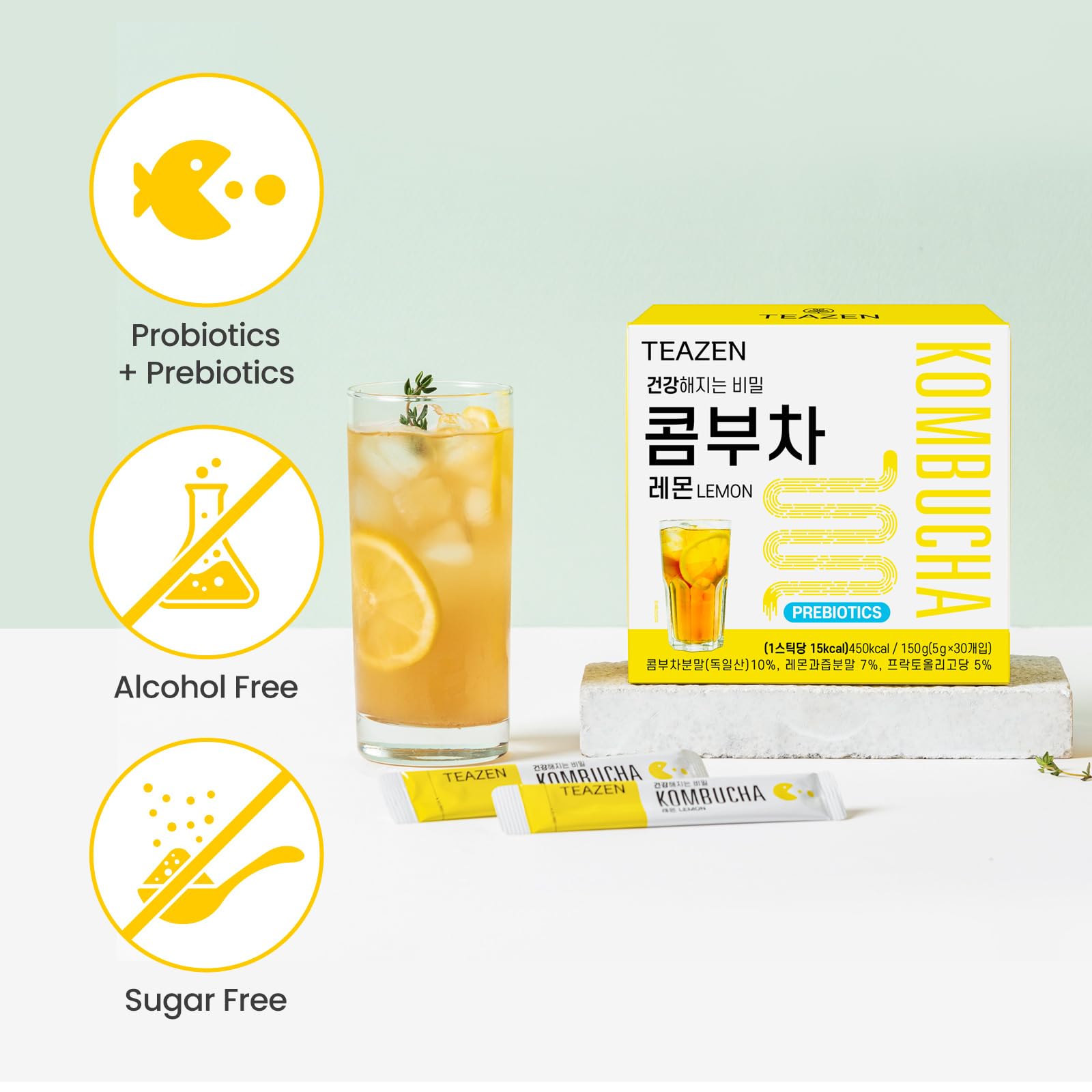 TEAZEN Lemon Kombucha Tea, Live Probiotics & Postbiotics, Relaxation and Warmth for Colds and Sore Throat, Zero Sugar, Low Caffeine, Fermented Kombucha Powder from Korea, 30 Sticks, 5.29oz