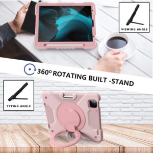 SCSVPN iPad Air 5th/4th Generation 10.9 inch Case 2022/2020, New iPad Air 5/4 Kids Case with Handle Grip Pencil Holder Rotating Stand Shoulder Strap - Drop-Proof Shockproof Protective Cover, Rose Gold