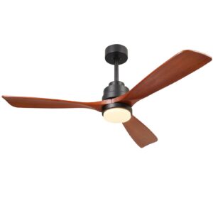 aluocyi outdoor wood ceiling fan with lights and remote, 52 inch, 3 solid wood blades,noiseless reversible dc motor low profile ceiling fans for living room, bedroom, kitchen, patio, f3601, brown