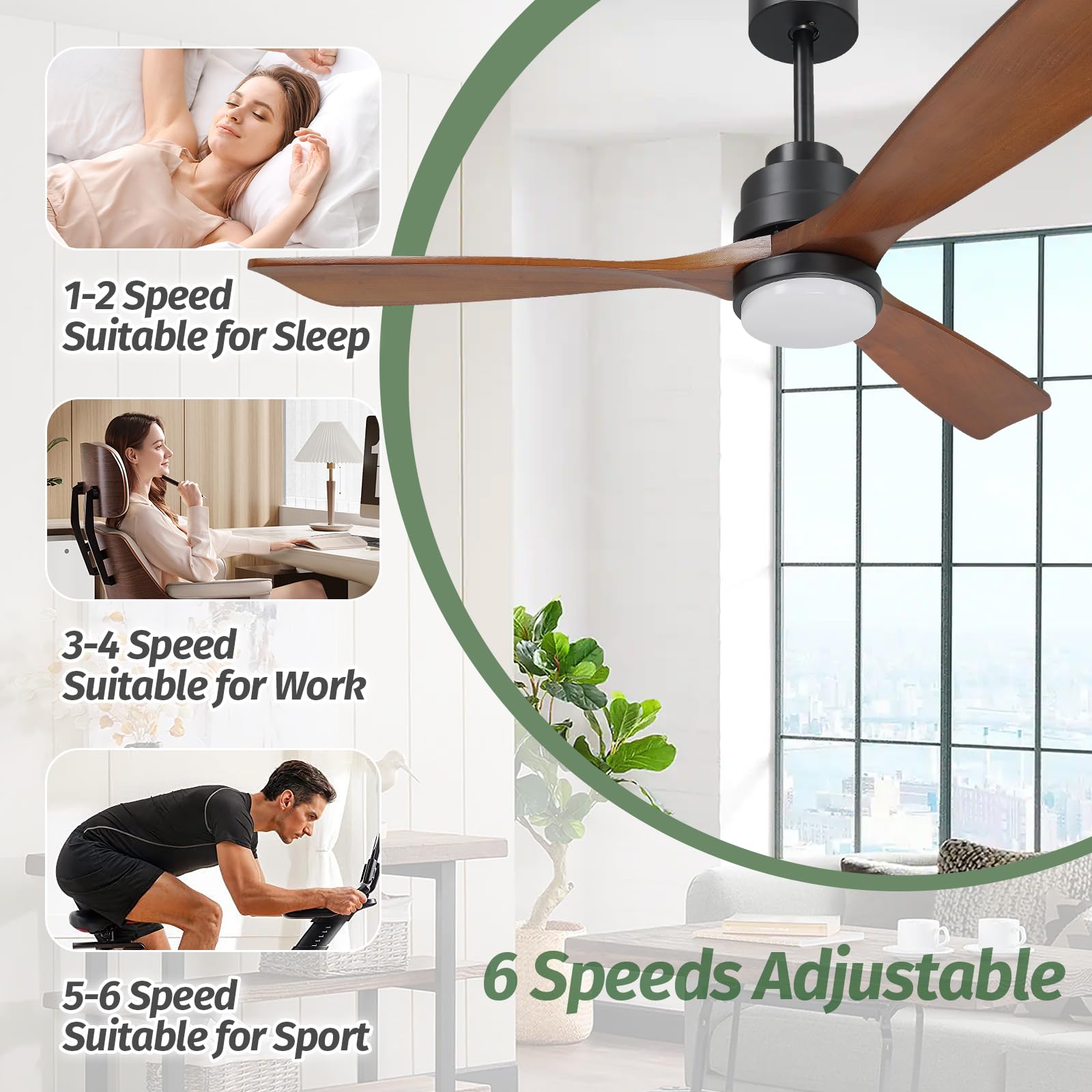 ALUOCYI Outdoor Wood Ceiling Fan with Lights and Remote, 52 inch, 3 Solid Wood Blades,Noiseless Reversible DC Motor Low profile Ceiling fans for Living room, Bedroom, kitchen, Patio, F3601, Brown