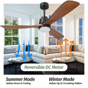 ALUOCYI Outdoor Wood Ceiling Fan with Lights and Remote, 52 inch, 3 Solid Wood Blades,Noiseless Reversible DC Motor Low profile Ceiling fans for Living room, Bedroom, kitchen, Patio, F3601, Brown