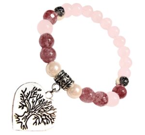 tree of life heart charm bracelet with real natural stones lepidolite & rose quartz & south sea pearl - chakra bracelet anti-stress anti-anxiety gemstones jewelry (lepidolite)