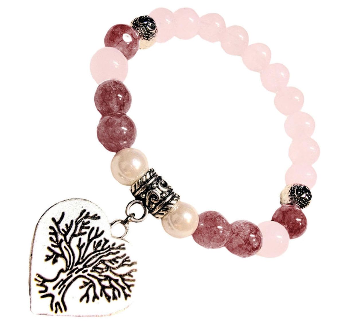 Tree of Life Heart Charm Bracelet with REAL Natural Stones Lepidolite & Rose Quartz & South Sea Pearl - Chakra Bracelet Anti-Stress Anti-Anxiety Gemstones Jewelry (lepidolite)