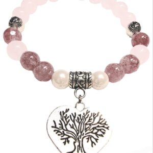 Tree of Life Heart Charm Bracelet with REAL Natural Stones Lepidolite & Rose Quartz & South Sea Pearl - Chakra Bracelet Anti-Stress Anti-Anxiety Gemstones Jewelry (lepidolite)