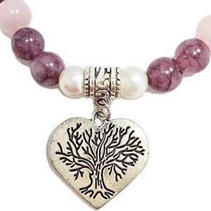 Tree of Life Heart Charm Bracelet with REAL Natural Stones Lepidolite & Rose Quartz & South Sea Pearl - Chakra Bracelet Anti-Stress Anti-Anxiety Gemstones Jewelry (lepidolite)