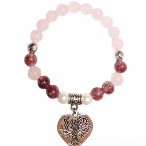 Tree of Life Heart Charm Bracelet with REAL Natural Stones Lepidolite & Rose Quartz & South Sea Pearl - Chakra Bracelet Anti-Stress Anti-Anxiety Gemstones Jewelry (lepidolite)