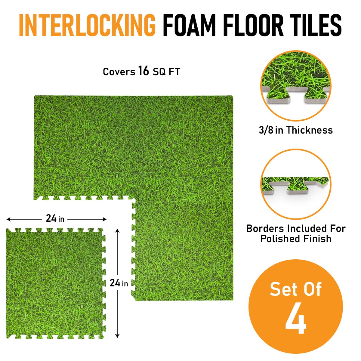 HomeCube USA 3/8 Inch Thick Interlocking Wood Grain Foam Floor Tiles for Home, Office, Workout Equipment Space, Commercial Areas, Anti-Fatigue Flooring Padding 24x24 in. Green Grass, 16 SQ Ft -4 Tiles