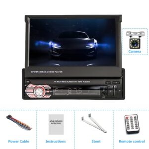 Car Stereo Single Din Electric Flip Out Car Radio with Bluetooth, Rimoody 7 Inch Touchscreen Mirror Link FM Radio AUX- in USB SD TF Card Input EQ Setting MP5 Player + Backup Camera