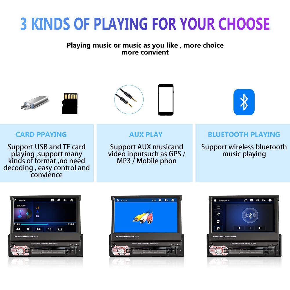 Car Stereo Single Din Electric Flip Out Car Radio with Bluetooth, Rimoody 7 Inch Touchscreen Mirror Link FM Radio AUX- in USB SD TF Card Input EQ Setting MP5 Player + Backup Camera