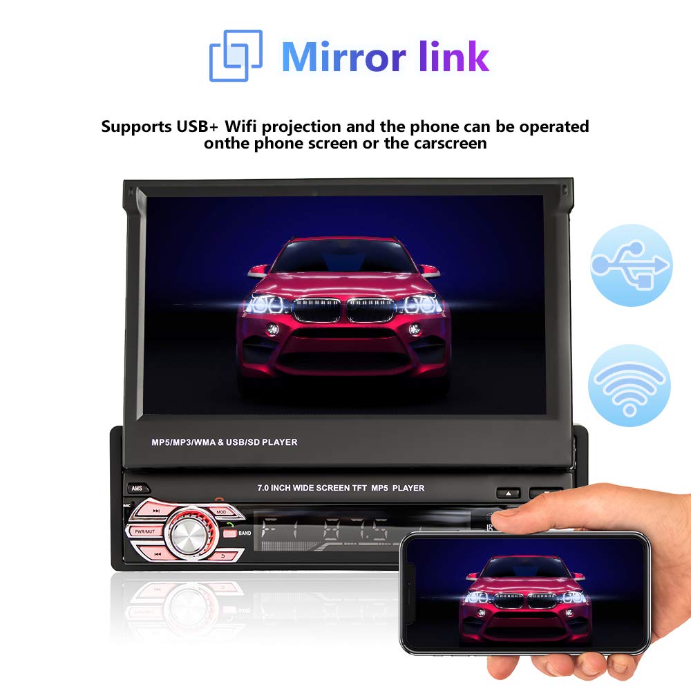 Car Stereo Single Din Electric Flip Out Car Radio with Bluetooth, Rimoody 7 Inch Touchscreen Mirror Link FM Radio AUX- in USB SD TF Card Input EQ Setting MP5 Player + Backup Camera