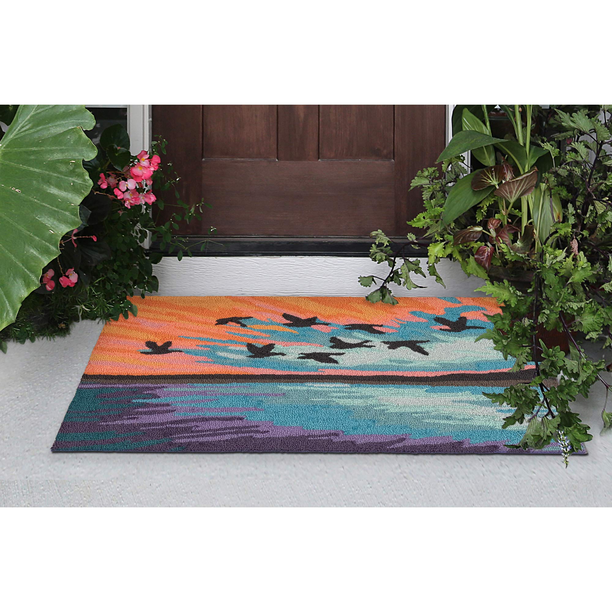 Liora Manne Frontporch Indoor Outdoor Rug - Novelty Design, Hand Hooked, Weather Resistant, UV Stabilized, Foyers, Porches, Patios & Decks, Flock Sky, 2' x 3'