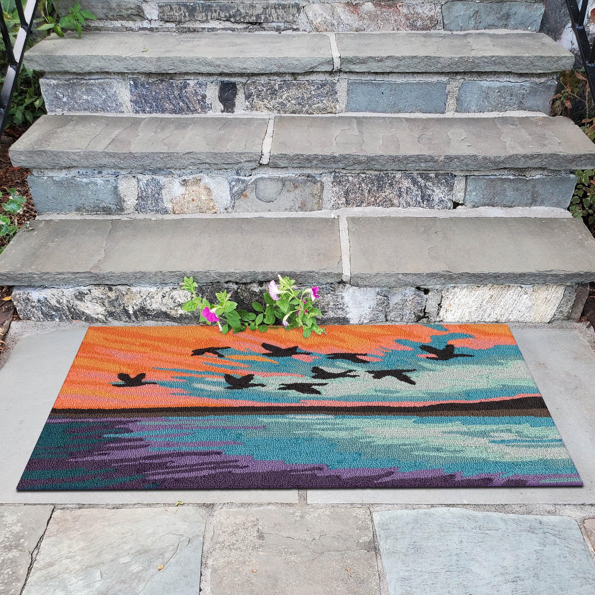 Liora Manne Frontporch Indoor Outdoor Rug - Novelty Design, Hand Hooked, Weather Resistant, UV Stabilized, Foyers, Porches, Patios & Decks, Flock Sky, 2' x 3'