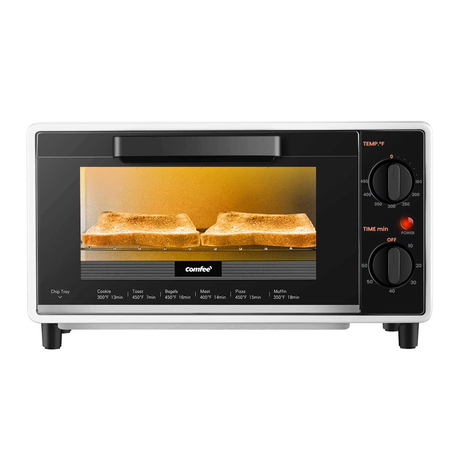 COMFEE' Mini 2-Slice Toaster Oven, Countertop toaster oven, 2-Knobs Easy to Control with Timer for Bake, Broil, Toast, 1000W, Black/White (CO-B08AA(BK))