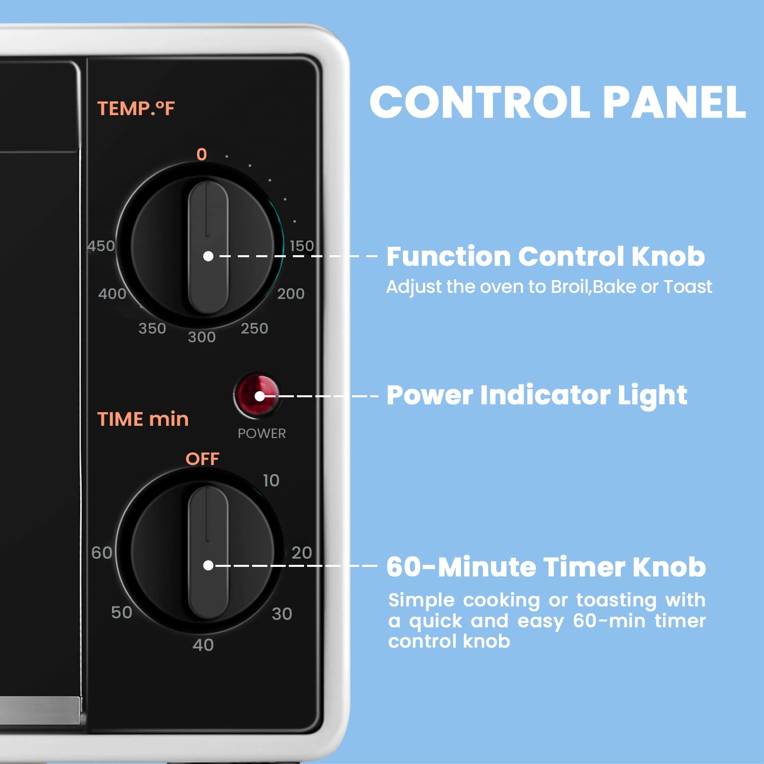 COMFEE' Mini 2-Slice Toaster Oven, Countertop toaster oven, 2-Knobs Easy to Control with Timer for Bake, Broil, Toast, 1000W, Black/White (CO-B08AA(BK))