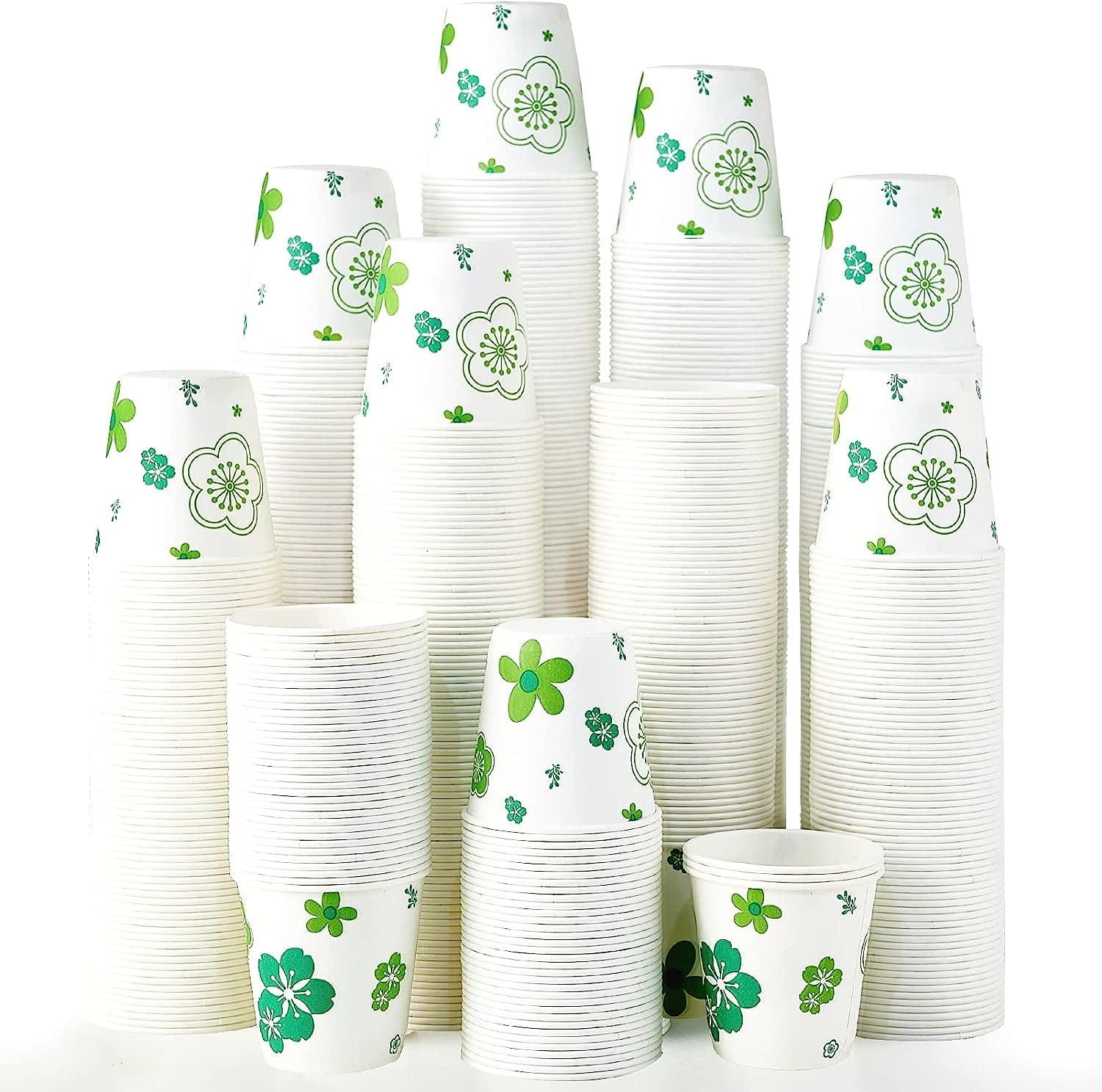 [300 Pack] Paper Cups, 3oz Disposable Bathroom Cups, Mouthwash Cups, Cold Disposable Drinking Cup for Party, Picnic, BBQ, Travel, and Event, Green Floral