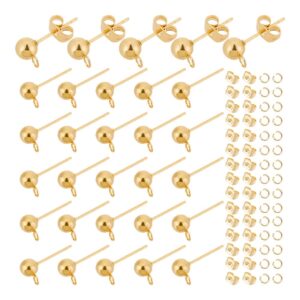 unicraftale 30pcs gold ball post stud earrings stainless steel stud earring post with loop ear nut metal earring post findings with ear nuts for diy dangle jewelry making findings