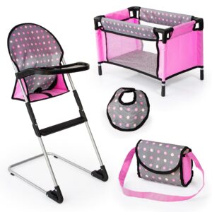 bayer doll high chair/crib set, grey, pink with dots