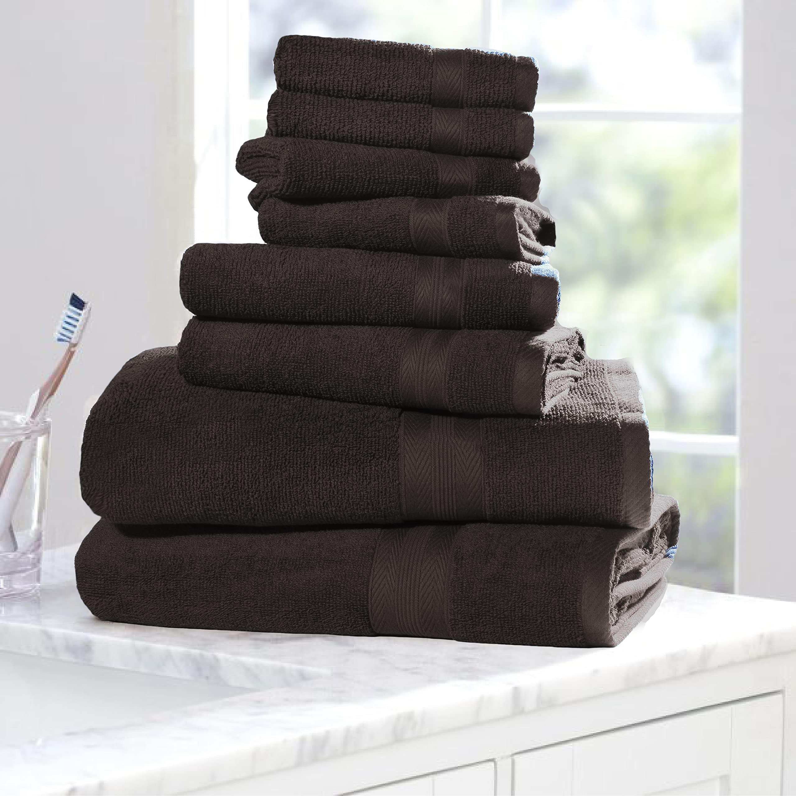 BOUTIQUO 8 Piece Towel Set 100% Ring Spun Cotton, 2 Bath Towels 27X54, 2 Hand Towels 16X28 and 4 Washcloths 13X13 - Ultra Soft Highly Absorbent Machine Washable Hotel Spa Quality - Chocolate Brown