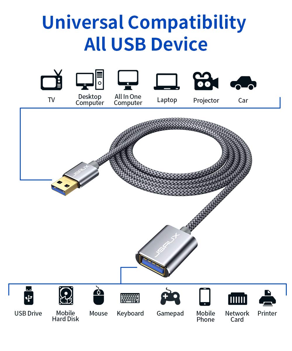 JSAUX USB 3.0 Extension Cable 3.3FT, USB A Male to Female Extension Cord Durable Braided Material Fast Data Transfer Compatible with USB Keyboard, Flash Drive, Hard Drive, Playstation, Xbox-Grey