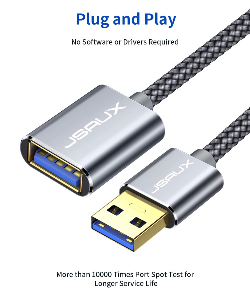 JSAUX USB 3.0 Extension Cable 3.3FT, USB A Male to Female Extension Cord Durable Braided Material Fast Data Transfer Compatible with USB Keyboard, Flash Drive, Hard Drive, Playstation, Xbox-Grey