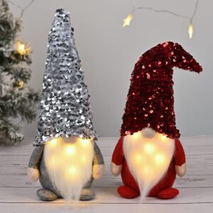 d-fantix 2pack sequin christmas gnomes plush with led lighting beard, handmade swedish tomte santa scandinavian figurine nordic plush elf doll gnome ornaments christmas decorations home decor