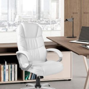 Office Chair Computer High Back Adjustable Ergonomic Desk Chair Executive PU Leather Swivel Task Chair with Armrests Lumbar Support (White)