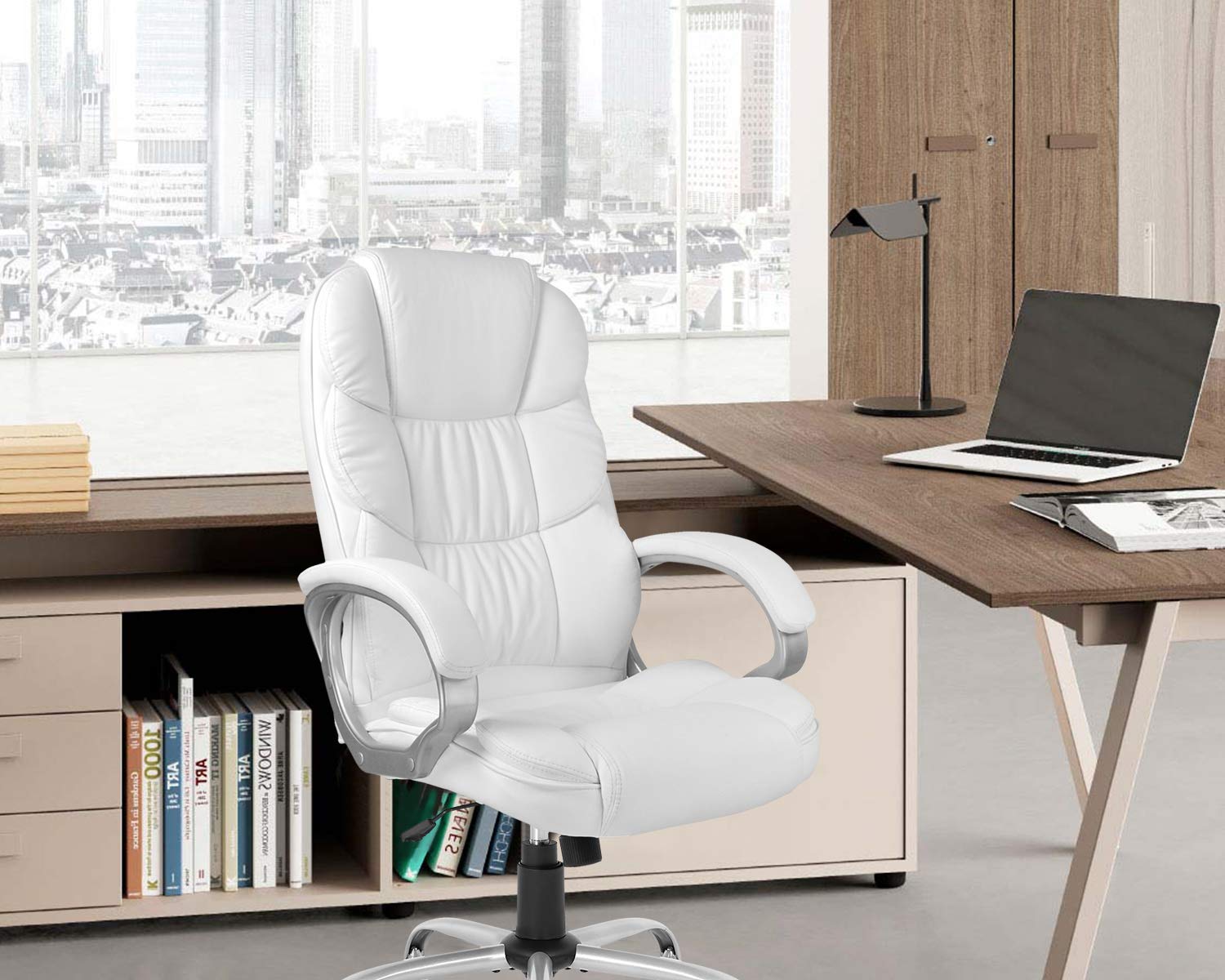 Office Chair Computer High Back Adjustable Ergonomic Desk Chair Executive PU Leather Swivel Task Chair with Armrests Lumbar Support (White)