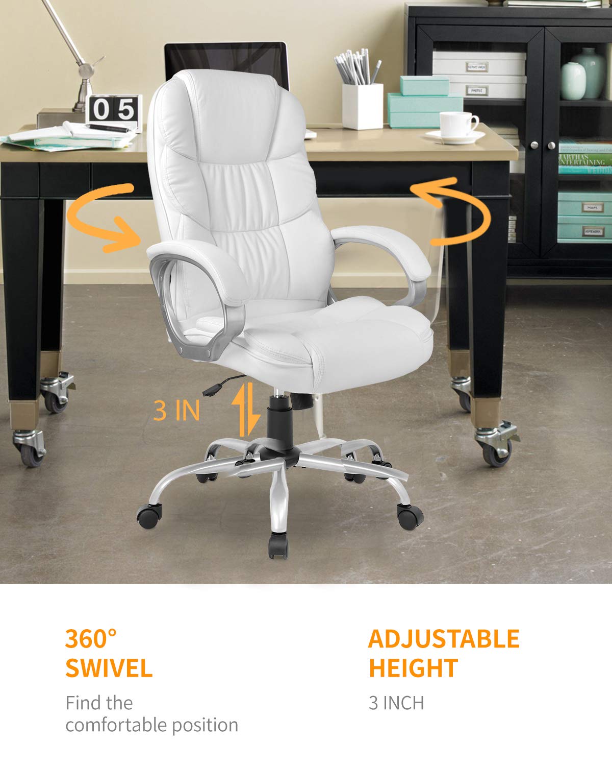 Office Chair Computer High Back Adjustable Ergonomic Desk Chair Executive PU Leather Swivel Task Chair with Armrests Lumbar Support (White)