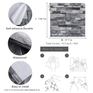 Timeet Grey Brick Wallpaper Peel and Stick Wallpaper Stone Wallpaper 17.7”X 118” Self Adhesive Removable Vintage Brick Wall Paper Faux Textured Wallpaper Home Decoration