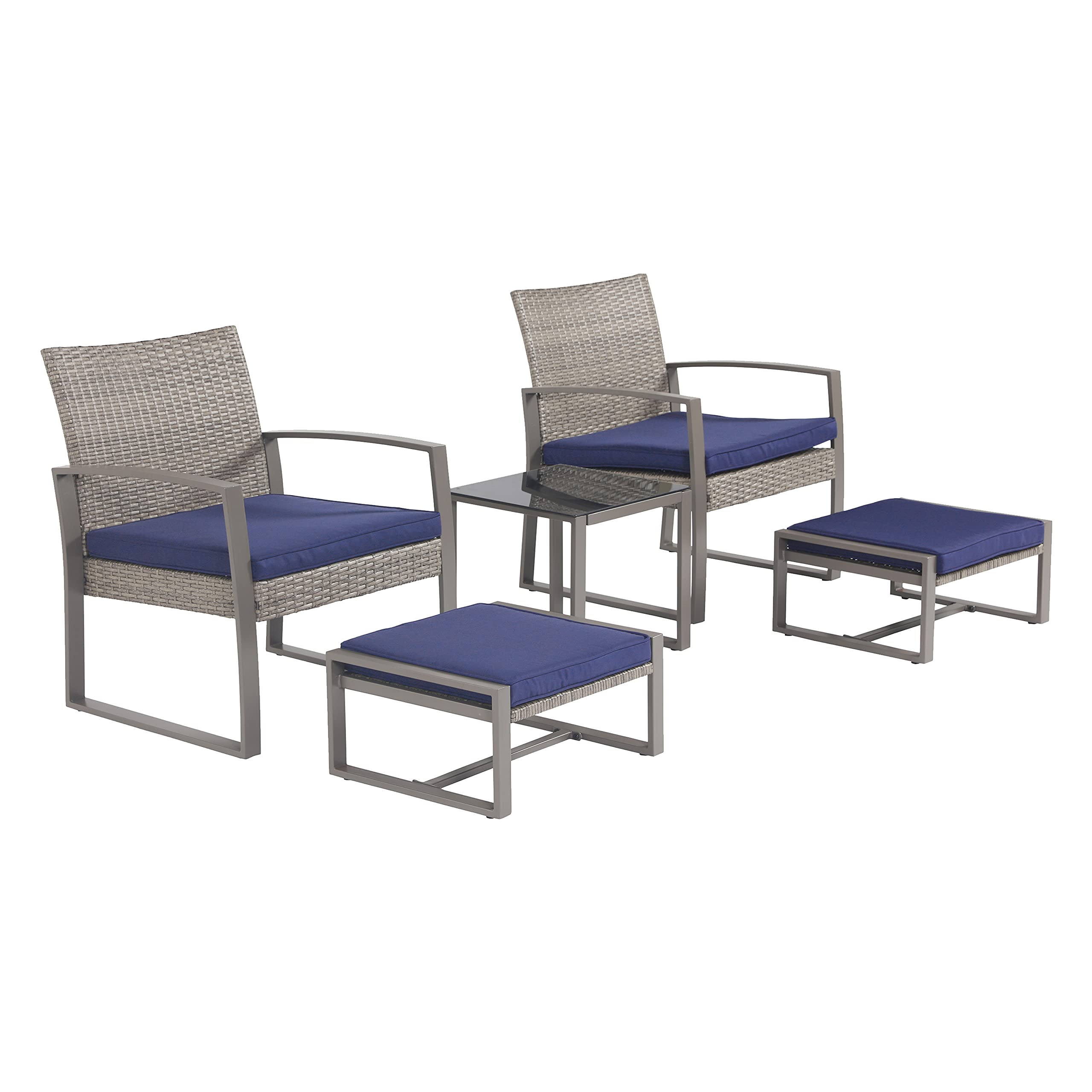 LOKATSE HOME Patio Conversation Bistro Set 5 Pieces Outdoor PE Wicker Rattan Sofa All Weather Furniture Cushioned Chairs and Ottomans with Tempered Glass Coffee Table for Backyard, Garden, Porch, Blue