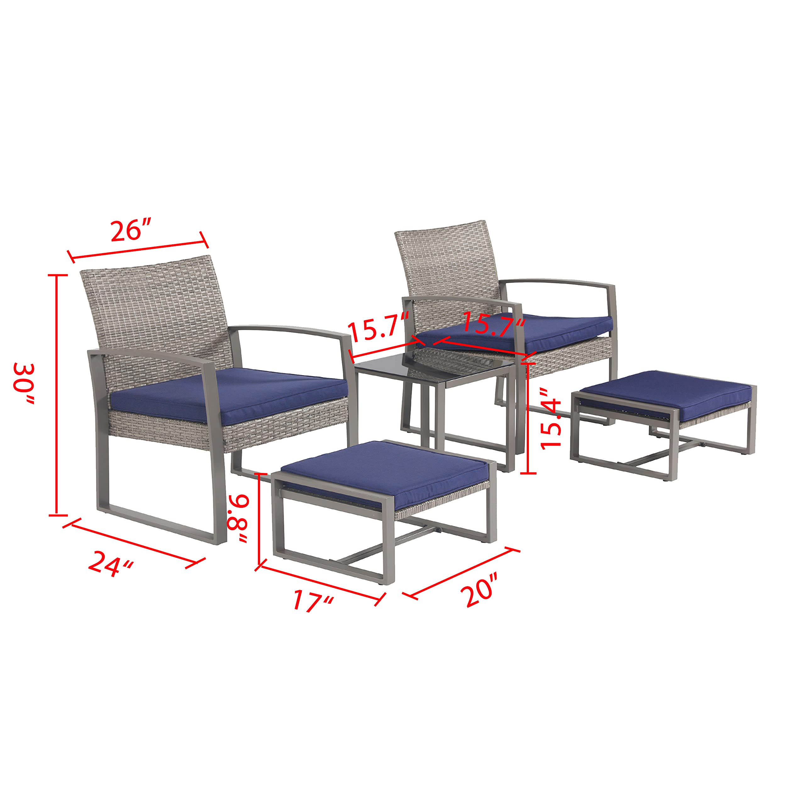 LOKATSE HOME Patio Conversation Bistro Set 5 Pieces Outdoor PE Wicker Rattan Sofa All Weather Furniture Cushioned Chairs and Ottomans with Tempered Glass Coffee Table for Backyard, Garden, Porch, Blue