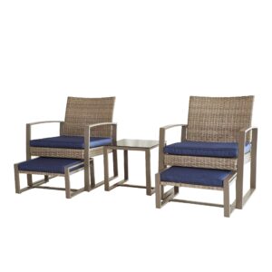 LOKATSE HOME Patio Conversation Bistro Set 5 Pieces Outdoor PE Wicker Rattan Sofa All Weather Furniture Cushioned Chairs and Ottomans with Tempered Glass Coffee Table for Backyard, Garden, Porch, Blue