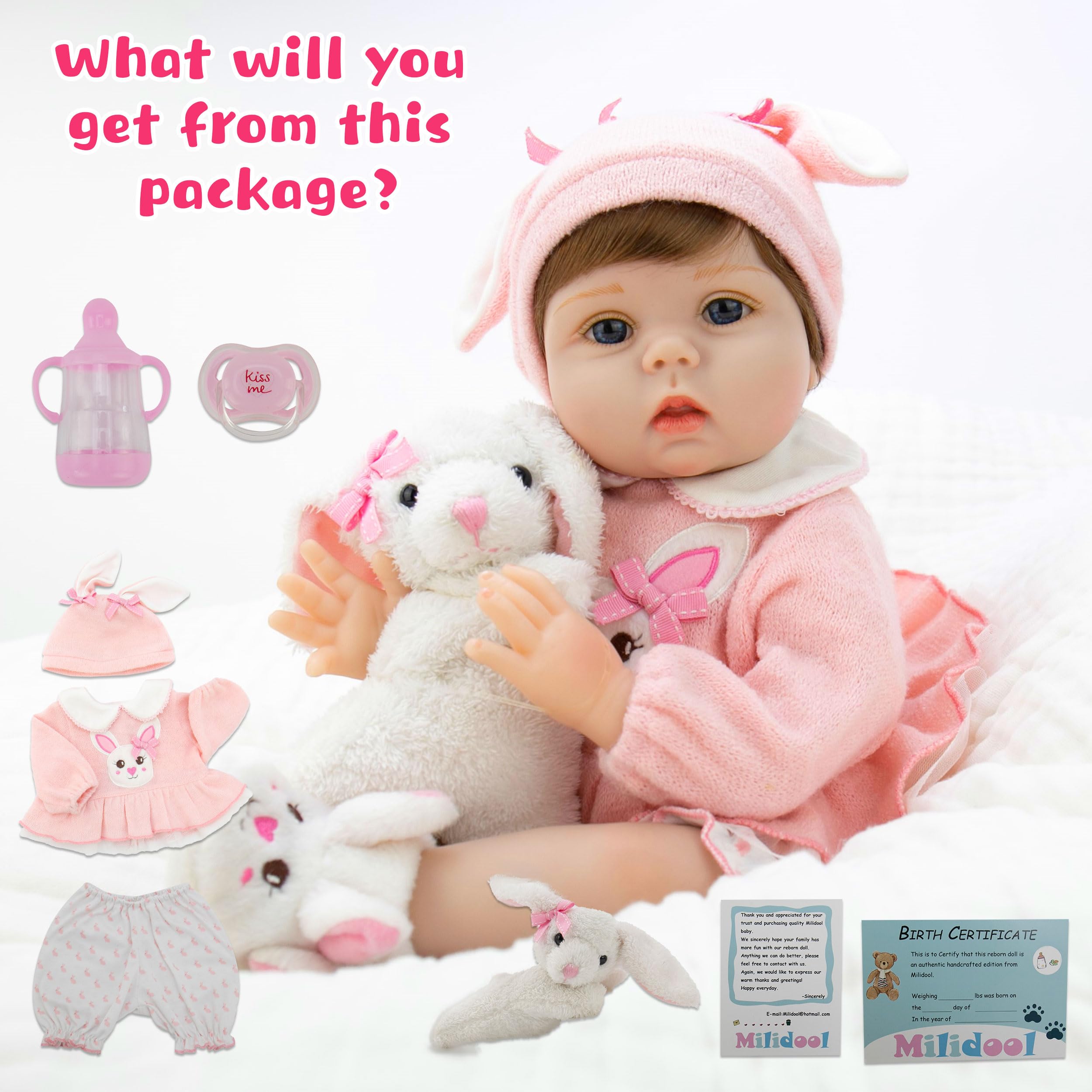 Milidool Reborn Baby Dolls Lifelike Girl Doll 22 inch Realistic Newborn Baby Doll Real Looking Silicone Baby Dolls Girl with Feeding Bunny Toy Gift Set for Kids 3+