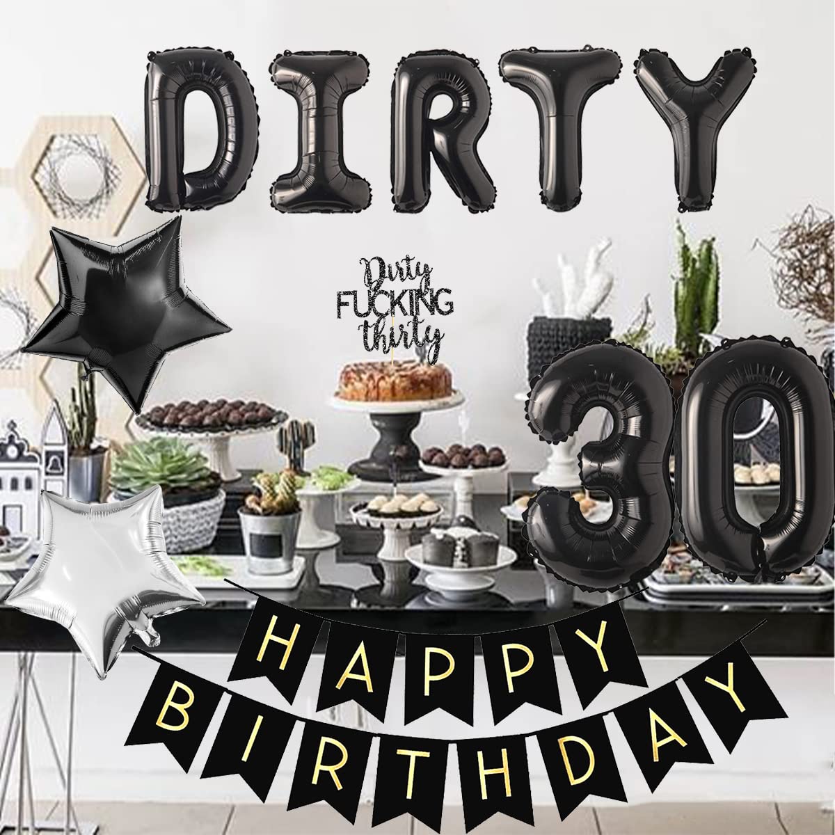 Fangleland 30th Birthday Party Decorations Silver and Black, Dirty Thirty Banner Balloon Dirty 30 Sash Cake Topper for for Her Him 30 Years Old Birthday Party Supplies