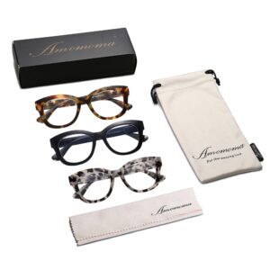 AMOMOMA 3 Pack Retro Oversized Reading Glasses for Women Blue Light Blocking Computer Readers Spring hinge AM6003 with Black+Brown+Grey Tortoise Frame 2.50 x